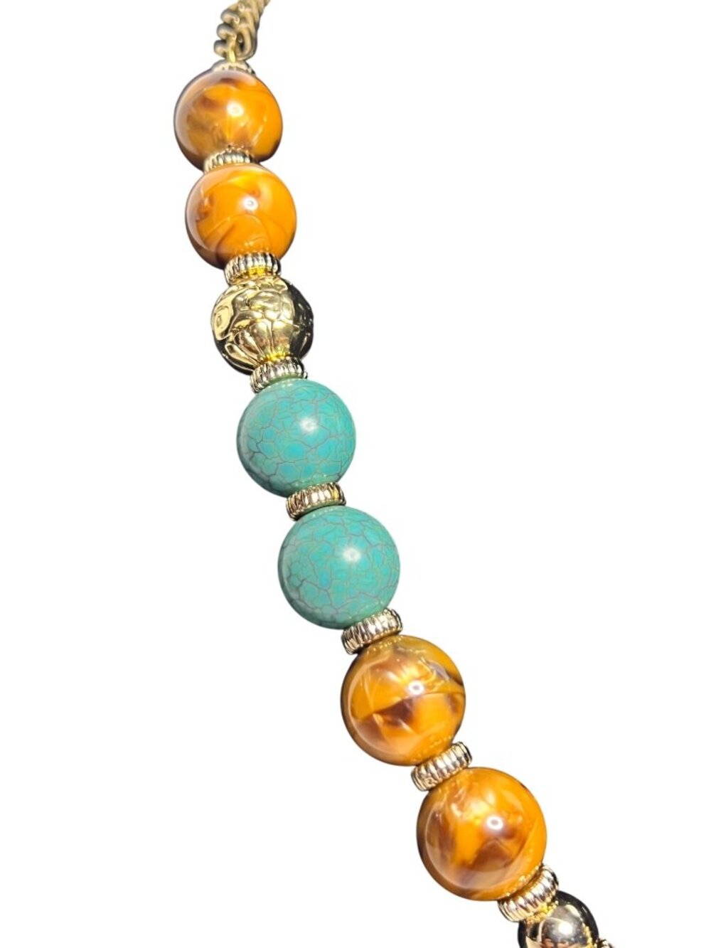 Erica Lyons Gold Tone Faux Turquois and Brown Bead Statement Necklace (6312) - Picture 3 of 8